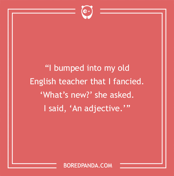 Text on a red background with a joke involving an English teacher and adjectives.