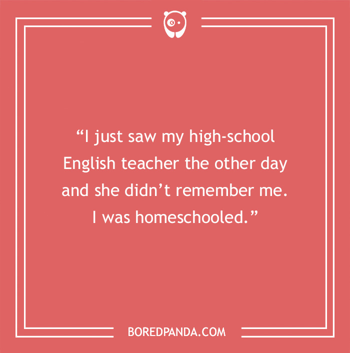 Funny English teacher joke about a homeschool memory, with a humorous punchline, on a pink background.