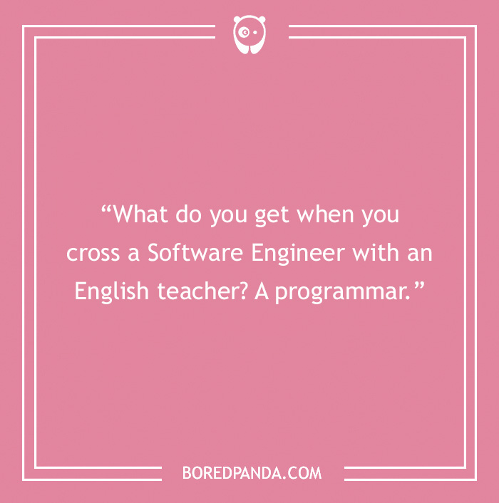 Pink background with a humorous English teacher joke about a software engineer, featuring a pun on "programmar."