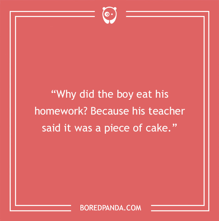 Text joke about English teacher humor on a red background featuring a playful quote about homework and cake.