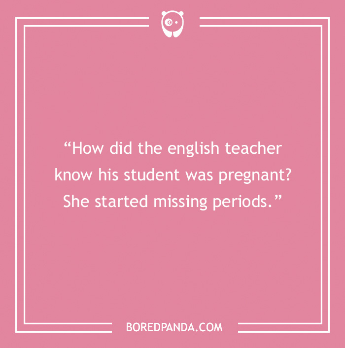 A joke about an English teacher on a pink background with Bored Panda branding.