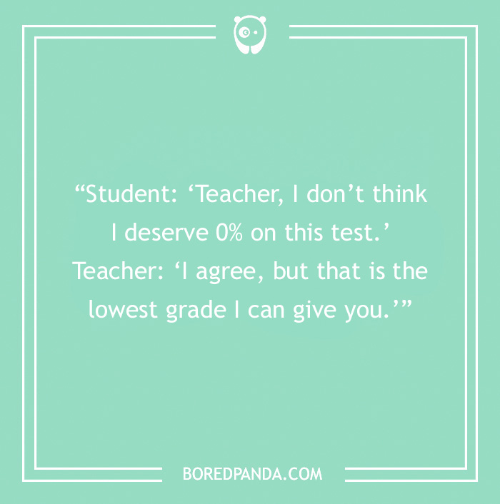 Student and teacher joke on a green background, discussing test grades.