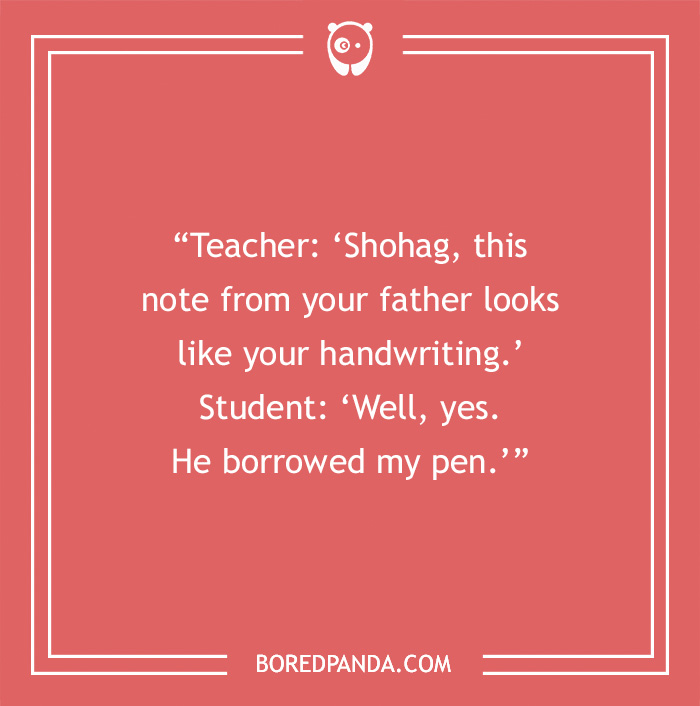 Red text image with an English teacher joke about handwriting and a borrowed pen.