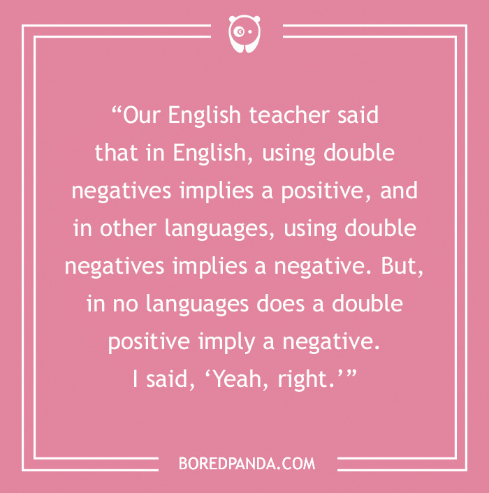 Pink background with a joke about English teachers and double positives from Bored Panda.