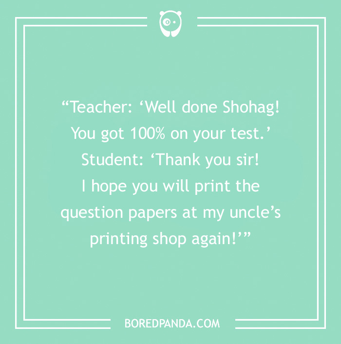 Text joke about a student and teacher with a humorous twist, featured on a green background.