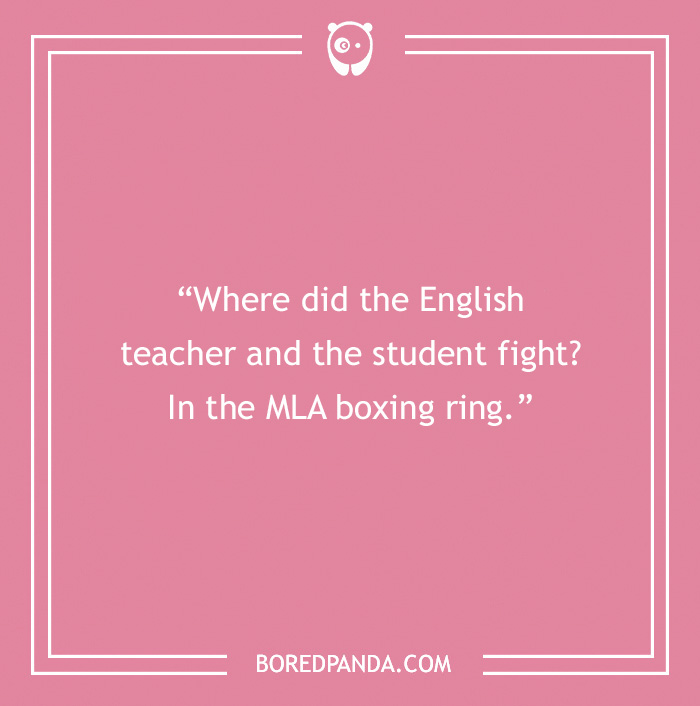 Cover image with an English teacher joke about an MLA boxing ring on a pink background.