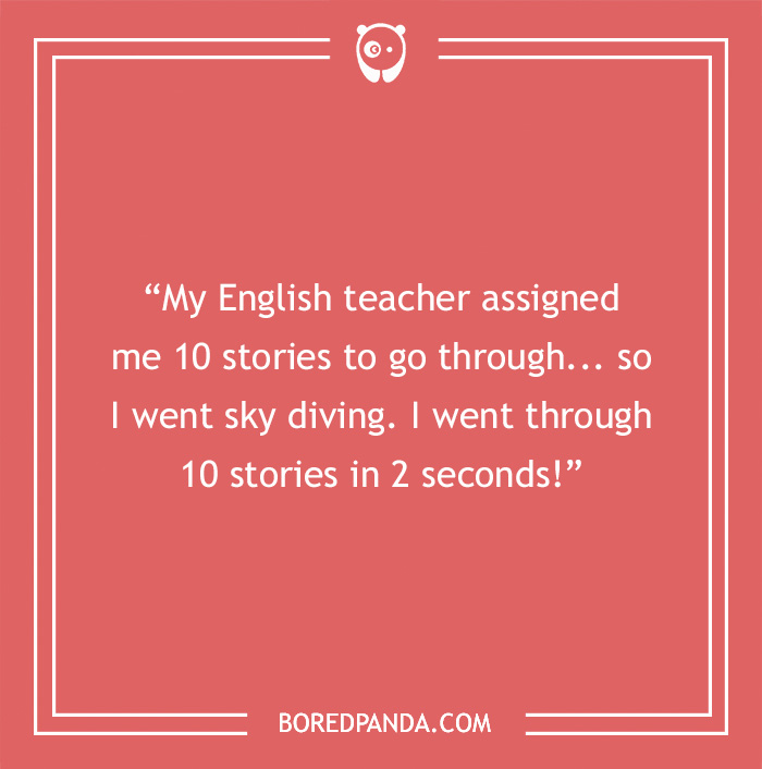 Text joke about English teacher assigning stories, with a funny skydiving twist, on a red background.