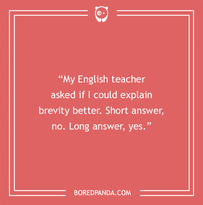 A humorous English teacher joke about brevity on a red background, shared by BoredPanda.