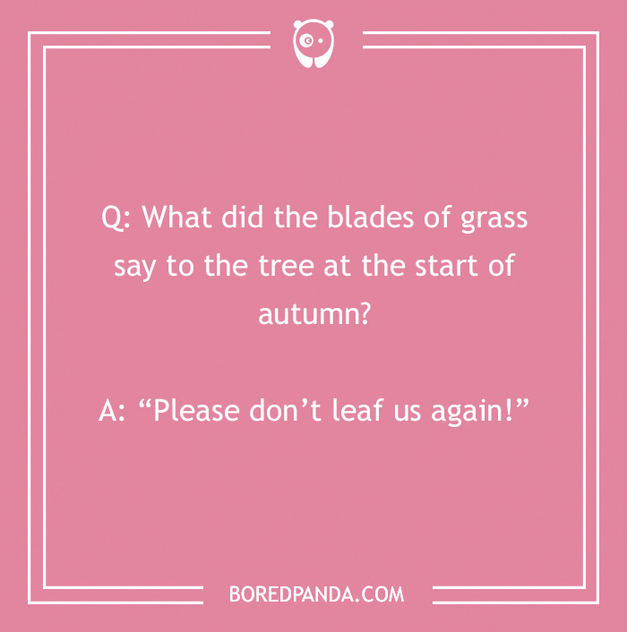 Autumn joke on pink background: "What did the blades of grass say to the tree? Please don’t leaf us again!"