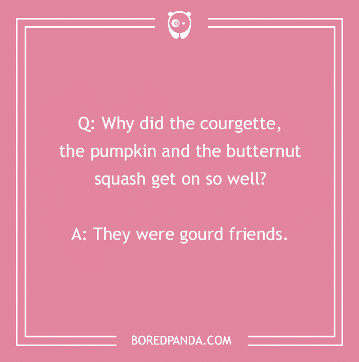 Fall joke about courgette, pumpkin, and butternut squash being "gourd friends" on a pink background.