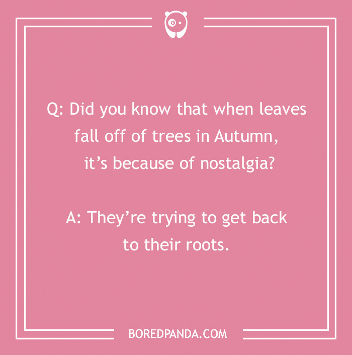 Autumn-themed joke about leaves falling due to nostalgia, set on a pink background from Bored Panda.