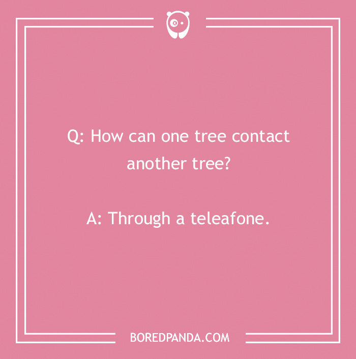 Text joke about a tree contacting another tree through a "teleafone" on a pink background.