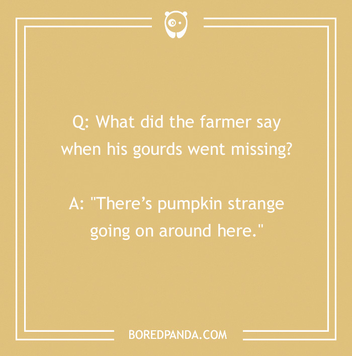 A fall joke about missing gourds with a pun on pumpkins on a beige background.