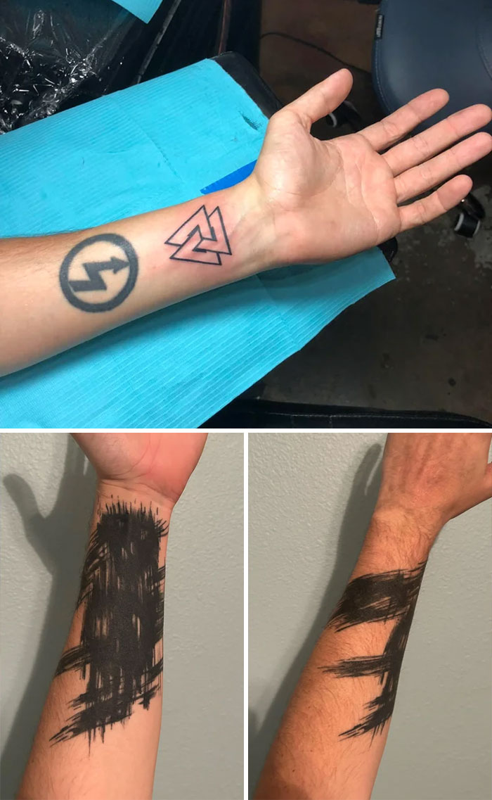 Terrible tattoos fixed with creative cover-ups, showing before and after on a person's arm.