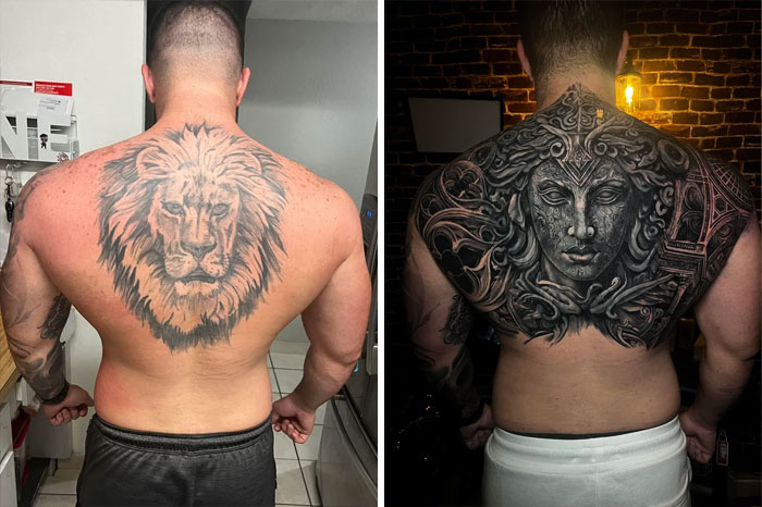 Tattoo cover-up: A lion tattoo transformed into an ornate design on a man's back.