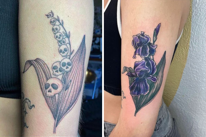 Before and after of a tattoo transformation from skulls and leaves to a vibrant purple flower design.