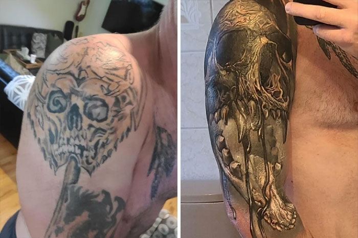Before and after images of a terrible tattoo fixed with a detailed, darker design on a person's arm.