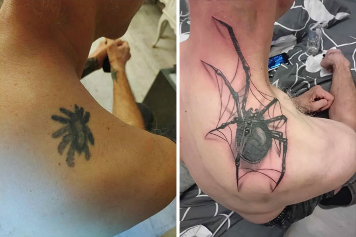 Before and after of tattoo transformation: from unclear design to detailed spider tattoo on shoulder.