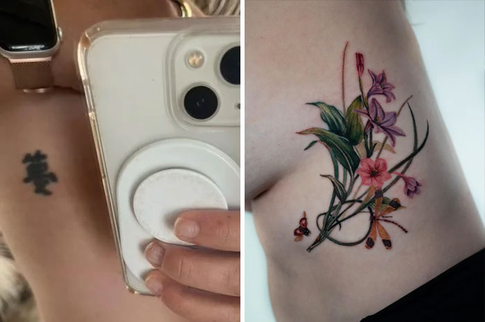 Terrible tattoos fixed: a faded tattoo transformed into vibrant floral art on someone's side, showing before and after results.