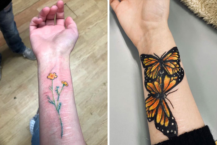 Tattoo transformation showing before and after fix, with a floral design turned into vibrant butterflies.
