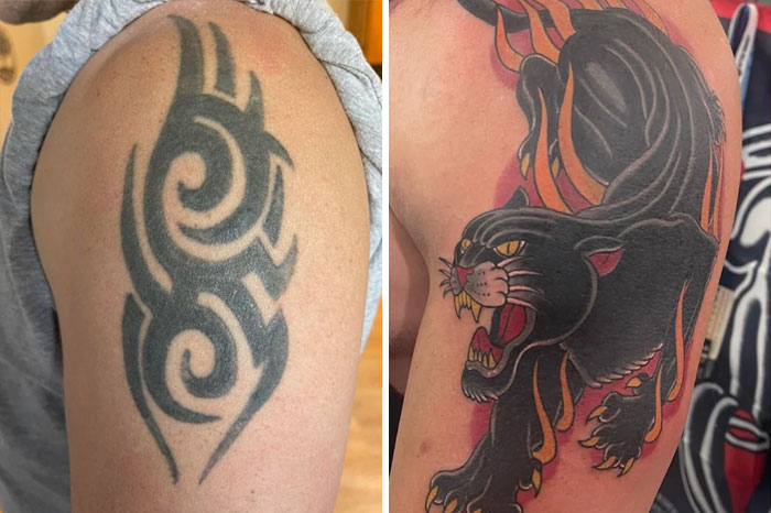 Terrible tattoo before and after fix: tribal design transformed into a fierce black panther on upper arm.