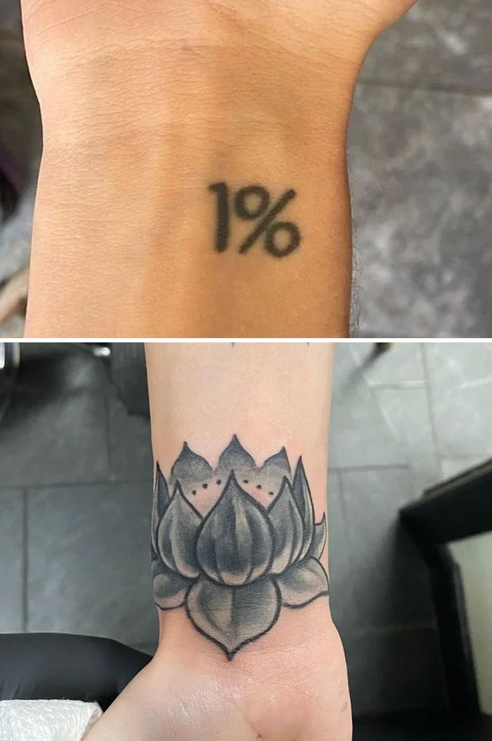 Before and after of a tattoo transformation from "1%" to a detailed lotus flower design.