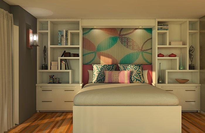 Built-in modern floating nightstand with shelves and drawers, styled with decorative items in a cozy bedroom setting.