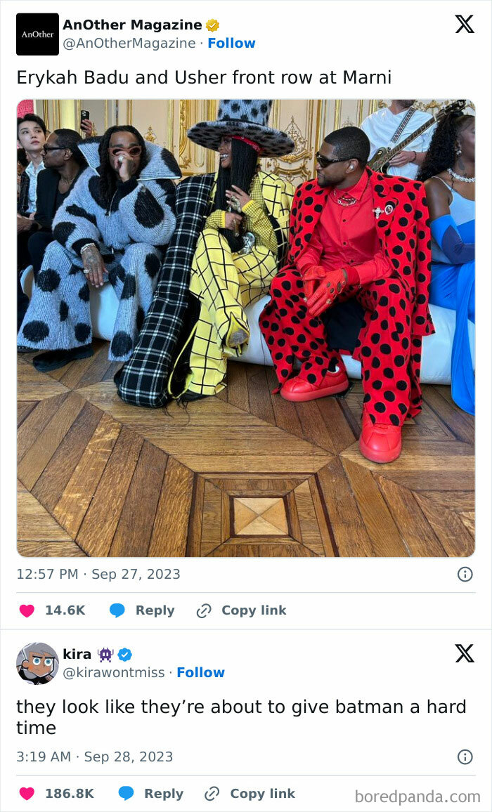 Fashion disasters humorously captured, celebrities in bold outfits at Marni fashion show.