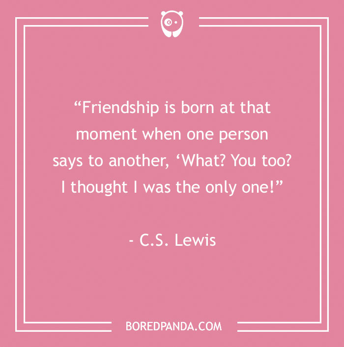 Pink background with a funny inspirational quote by C.S. Lewis about friendship, from Bored Panda.