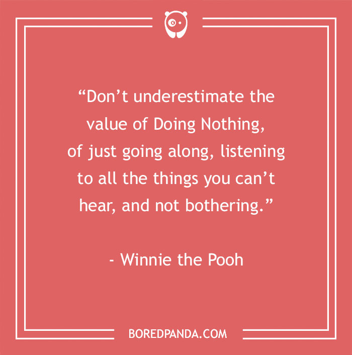 Funny inspirational quote by Winnie the Pooh on a red background with Bored Panda logo.