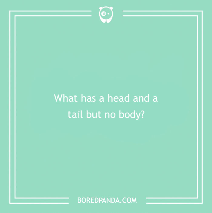 Riddle asking, "What has a head and a tail but no body?" on a mint-green background.