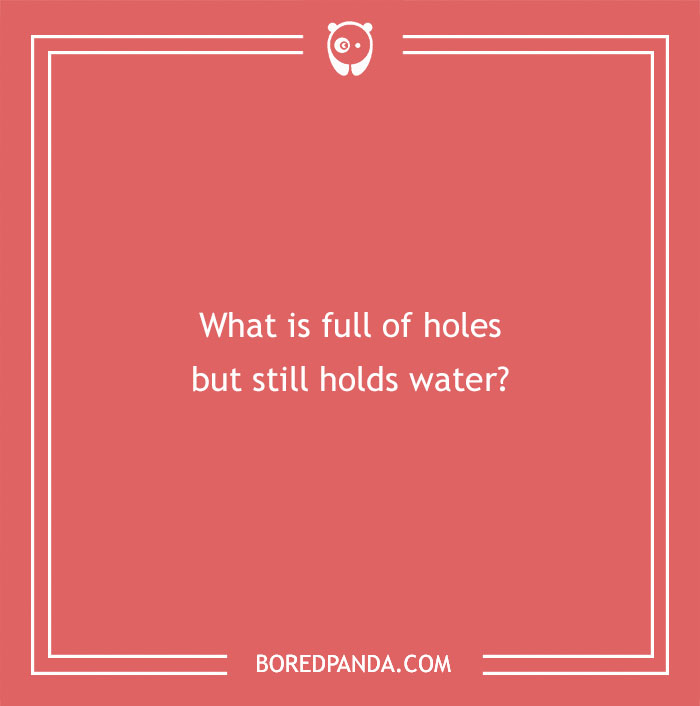 Riddle asking, “What is full of holes but still holds water?” from Bored Panda.
