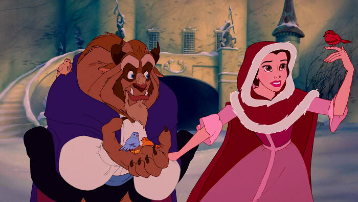 Animated characters in winter scene, holding birds, evoking imaginative shower thoughts.