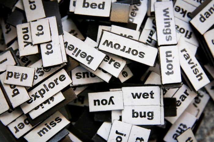 Magnetic poetry words arranged randomly, sparking shower thoughts and creativity.