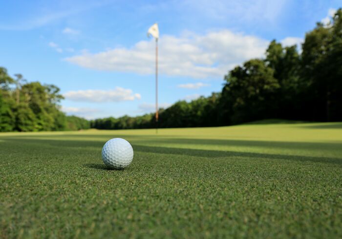 Golf ball on green grass near hole with flag, clear blue sky in the background. Shower thoughts questions arise.