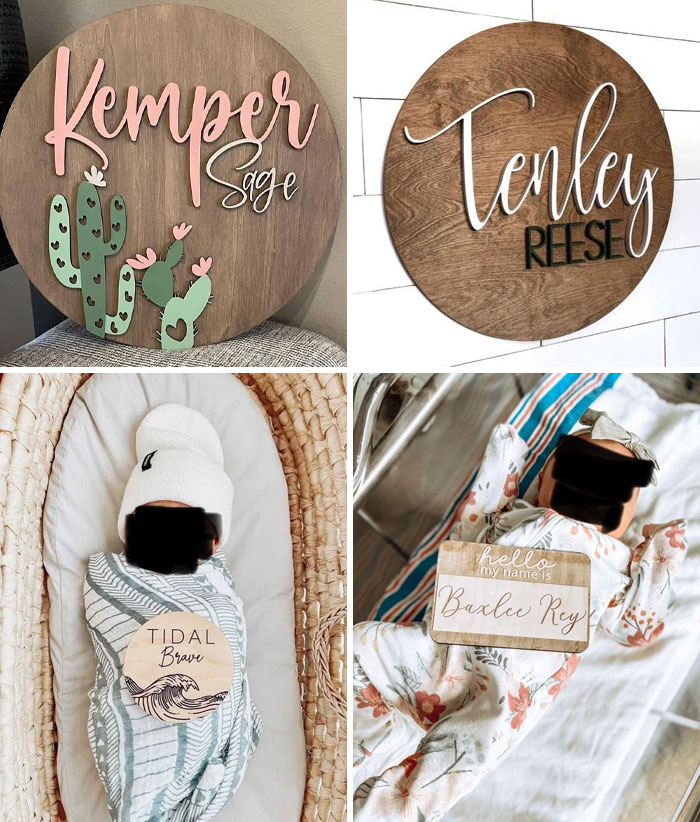 Unique baby names on plaques: Kemper Sage, Tenley Reese, Tidal Brave, Baxlee Rey.