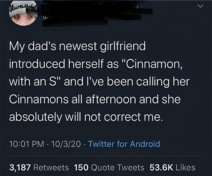 Tweet showing humorous story about a girlfriend named "Cinnamon with an S," highlighting a unique name situation.