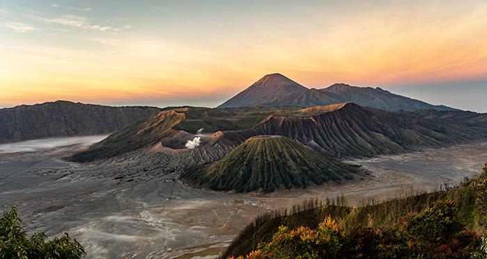 Panorama of Volcanic Mountain Range at Sunset