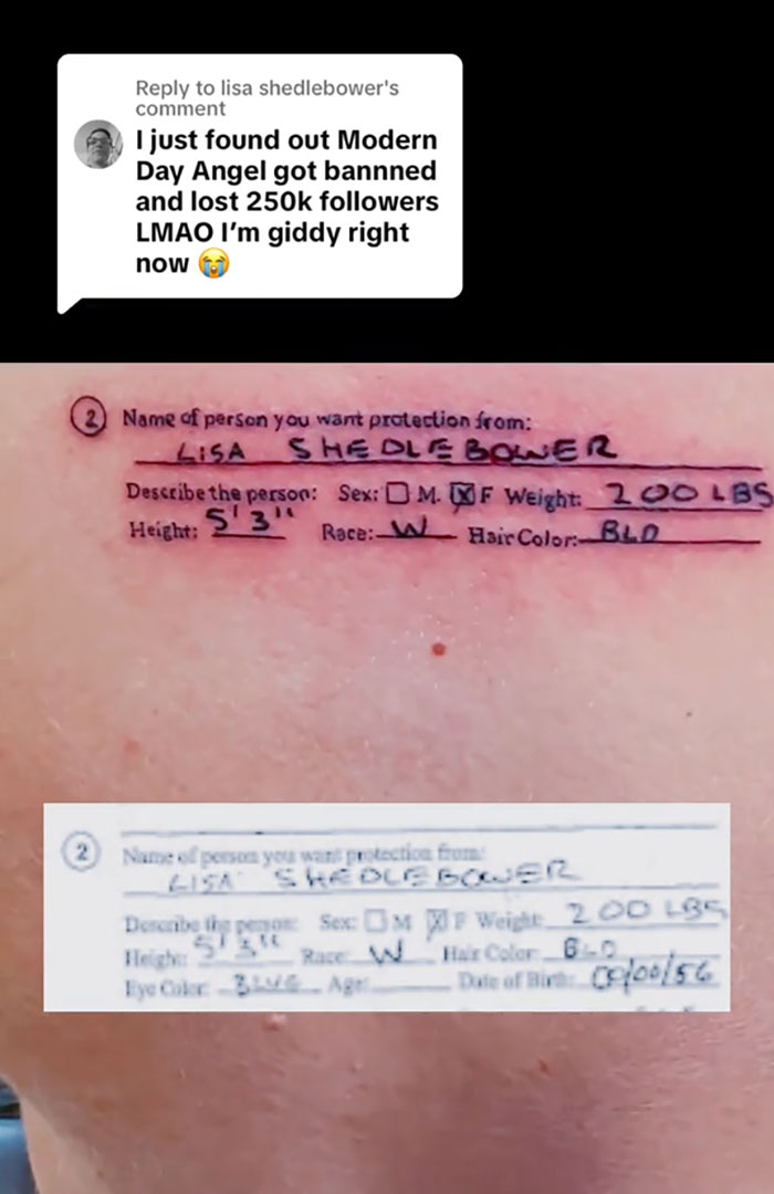 Tattoo of troll comment on skin, related to viral TikToker trolling bullies, in black ink form resembling a form document. Tattoo of troll comment on skin, related to viral TikToker trolling bullies, in black ink form resembling a form document.