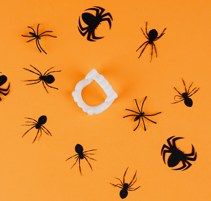 Fake small spiders with fake vampire teeth