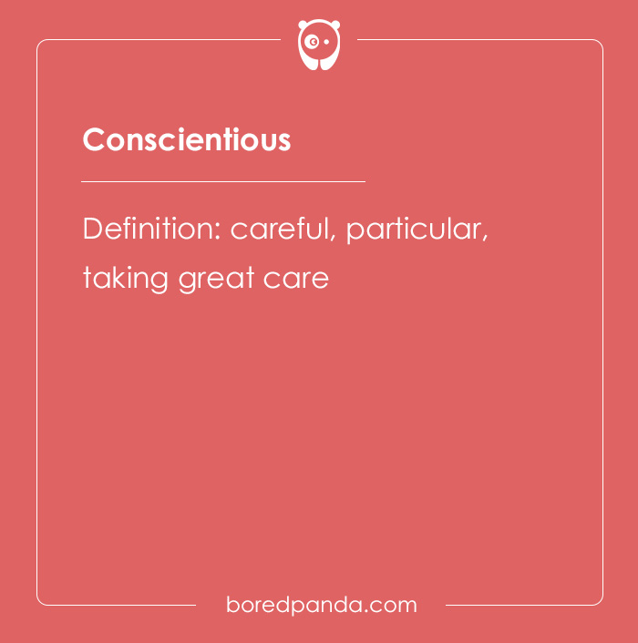 Conscientious spelling bee word definition showing careful and particular meaning on a red background for spelling bee words.