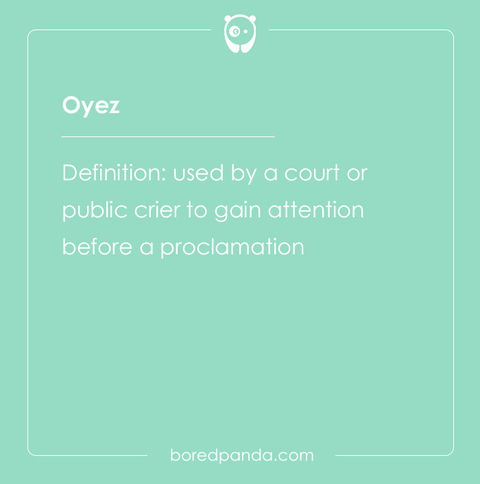 Flashcard showing the hard spelling bee word oyez with its definition related to courtroom attention in spelling bee words.