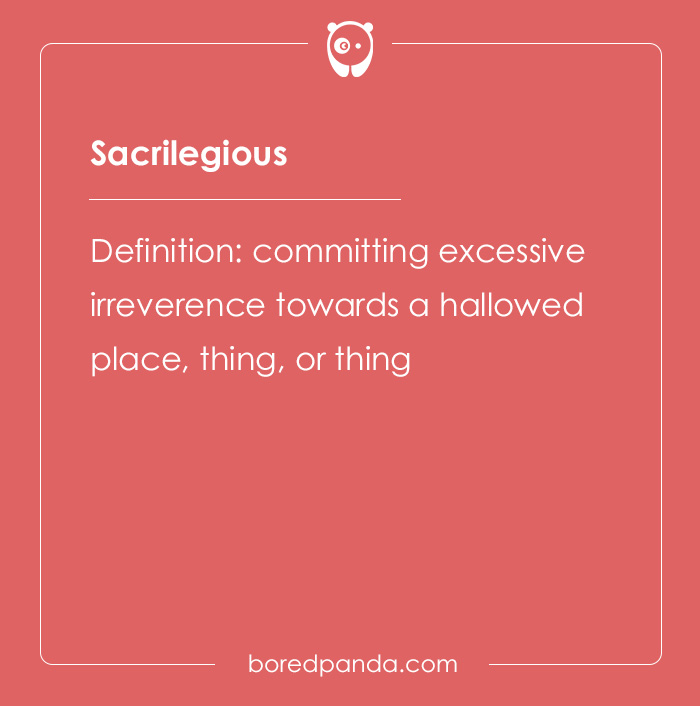 Sacrilegious definition card from a list of hard spelling bee words with a red background and white text.