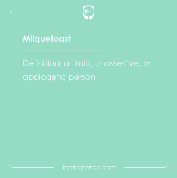 Milquetoast definition on a pastel green background, part of hard spelling bee words with meanings shown clearly.