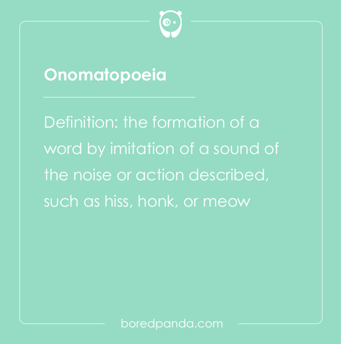 Definition of the hard spelling bee word Onomatopoeia explaining sound imitation like hiss, honk, or meow.