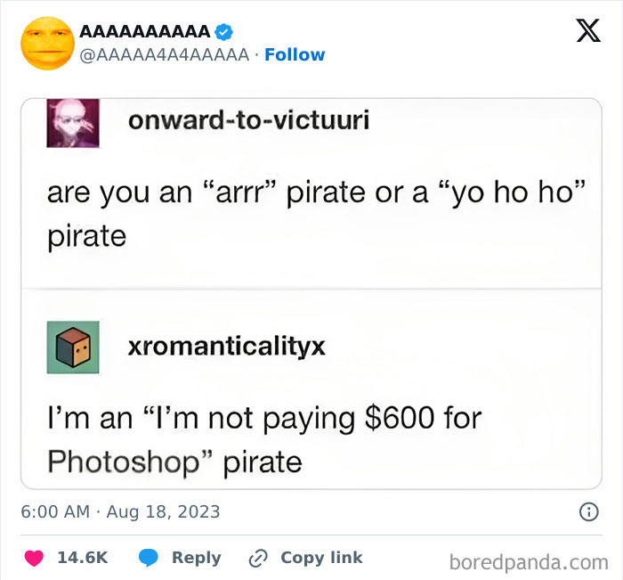 Cursed meme about pirate types and software piracy humor, blending pirate lingo with a joke about expensive software.