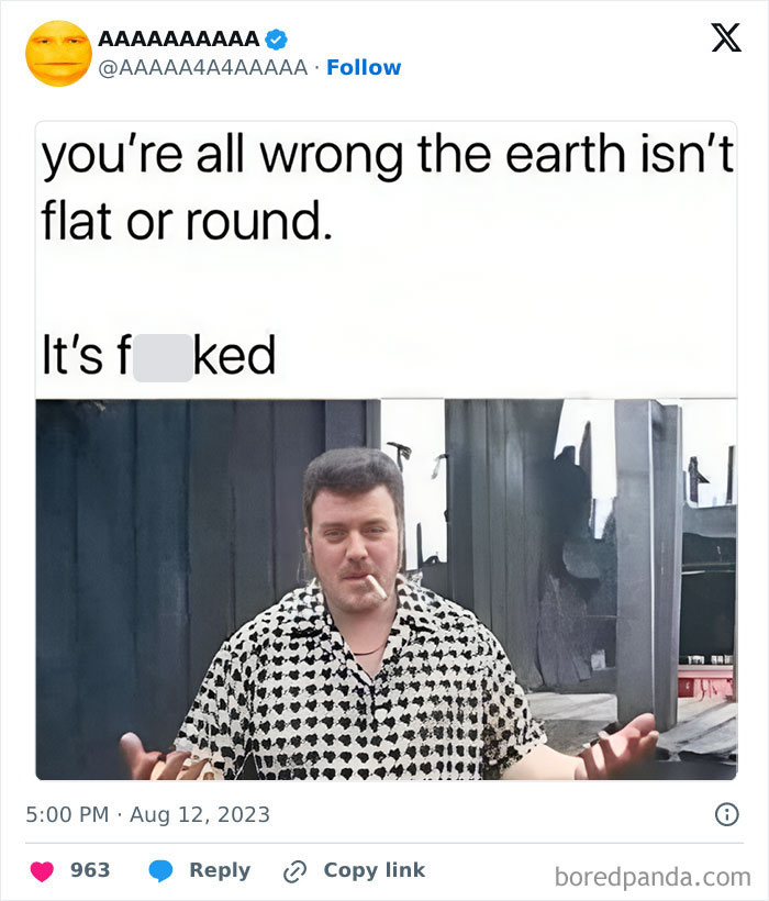Man with cigarette and patterned shirt stands in front of a meme text about the earth's shape, featuring cursed meme humor.