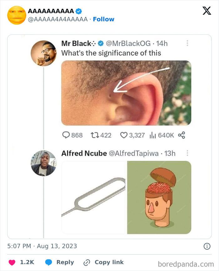 Cursed meme depicting an ear and a cartoon brain, with humorous commentary and user interactions.