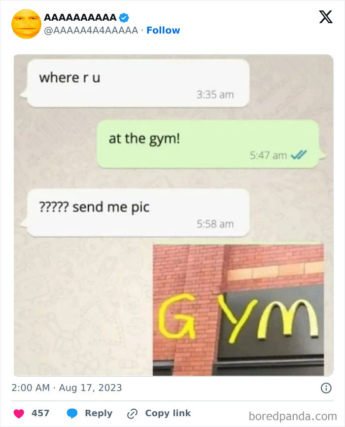 Text message meme with a funny response about being at the gym, featuring a building with a sign missing letters.