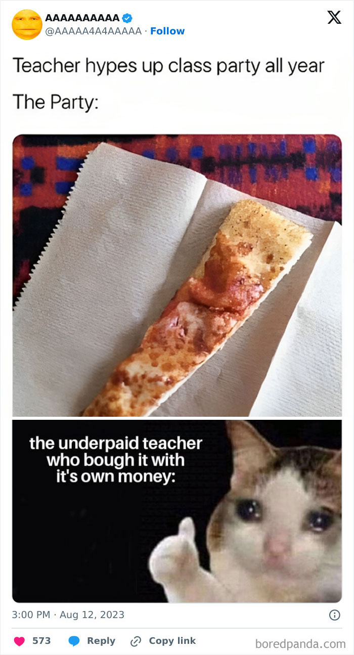 Cursed meme of a pizza slice at a class party with a crying cat, representing the teacher.